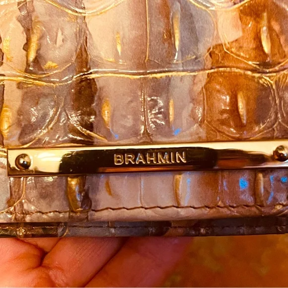 RARE!Brahmin ADY CARIBOU Brown Ivory Blue Gold Croc Embossed Leather Wallet!